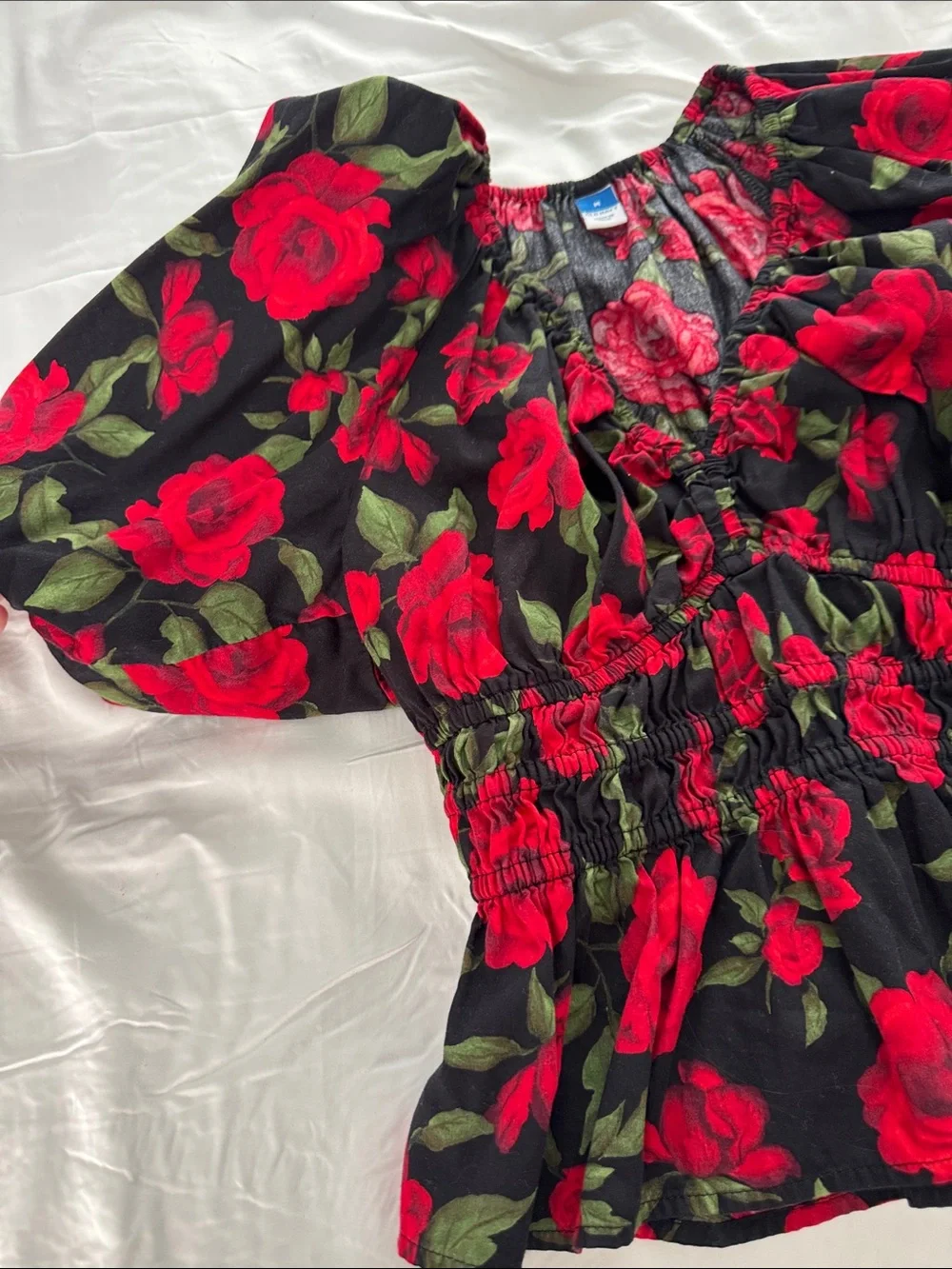 Old Navy Black Peplum Blouse with Red Rose Print